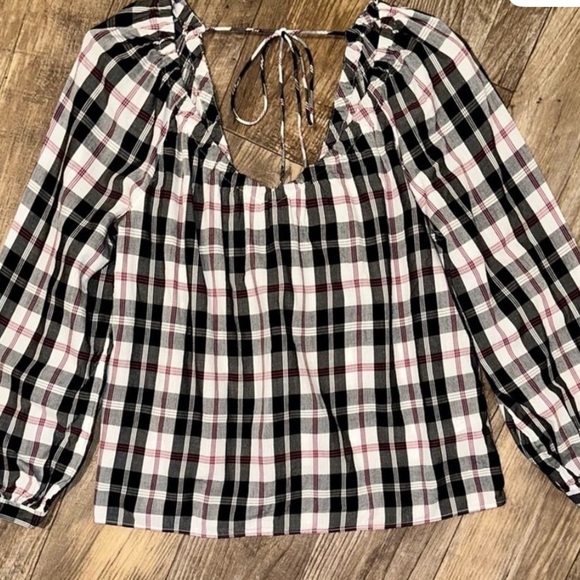 NWT J. Crew Friday Plaid V-Neck Pullover Blouse SZ M Black White & Pink Back Tie - Picture 13 of 15